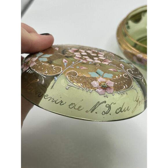 Vintage French Green Hand Painted Gold Rim Dresser Vanity Trinket Box Signed - Picture 4 of 10